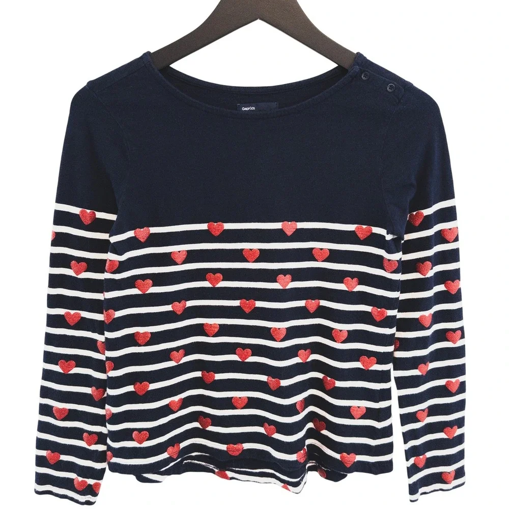 GapKids‎ Shirt Girls XXL 14-16 Blue White Striped Red Glitter Heart Kidcore